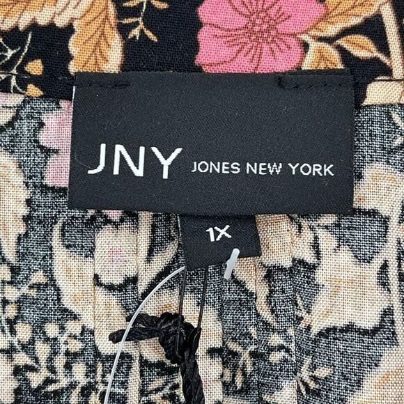 Jones New York Split V-Neck Button Front Blouse Floral Women 1X Black Pink Tan - Picture 5 of 8